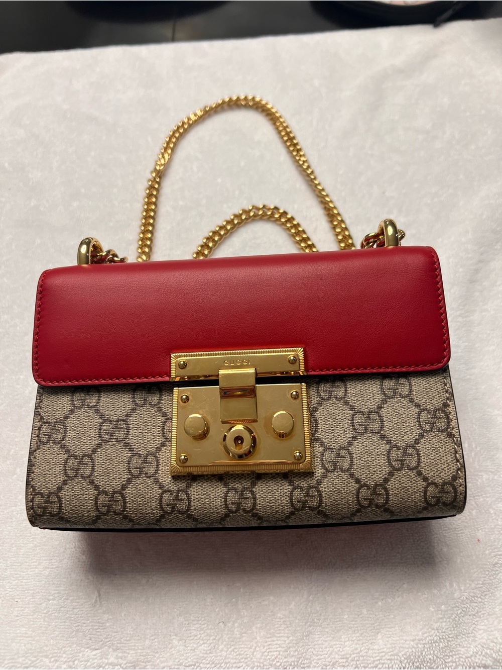 Gucci Padlock Small GG Supreme Canvas Chain Shoulder Bag Red Pink Entrupy COA